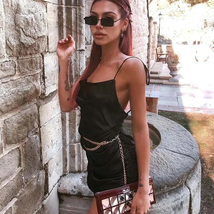 

2021 sexy dress women black sleeveless wysbaoshu satin dress with the draw string on the side casual dress