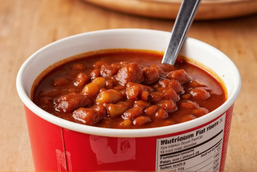 Wendy's small chili in a bowl with spoon, close-up nutrition facts visible