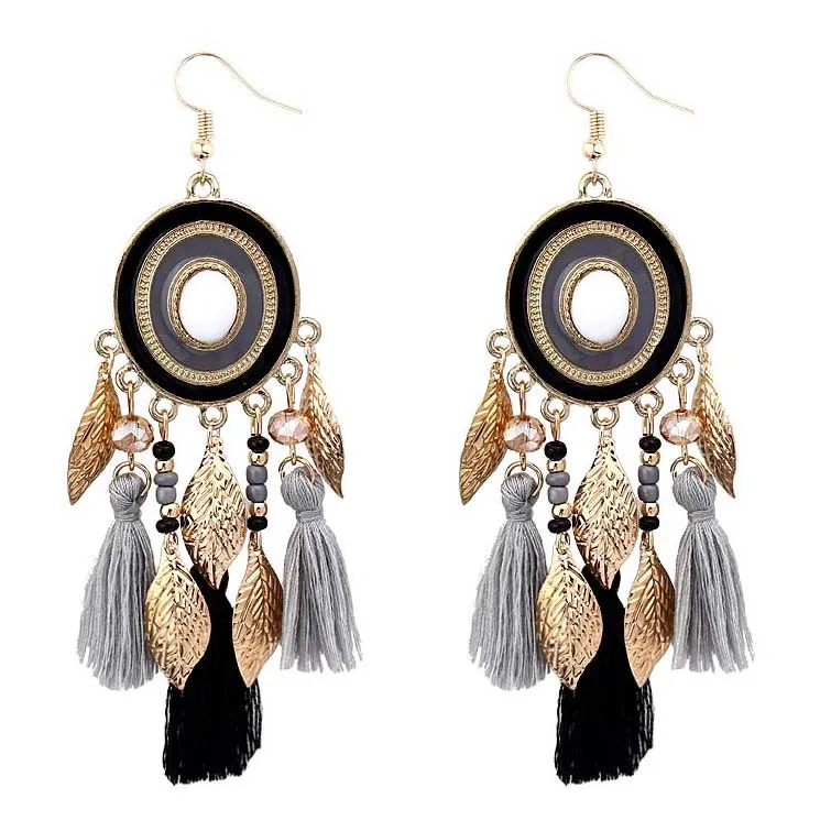 

New Arrival Vintage Antique Gold Plated Feather Tassel Earrings Bohemian Cotton Fringe Tassel Earrings For Women
