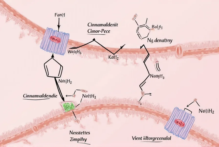 Scientific illustration showing molecular structure of cinnamaldehyde and its interaction with insulin receptors
