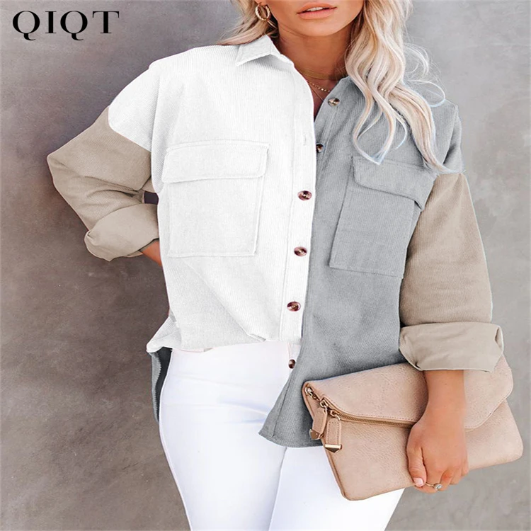

Amazon 2021 Autumn Winter Contrast Color Corduroy Breasted Loose Button Shirt Fashion Top Women