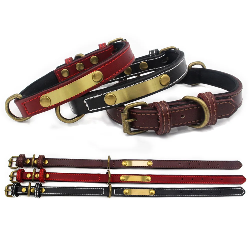 

Premium Brown Engrave Personalized Leather Pet Dog Collar With Name Plate