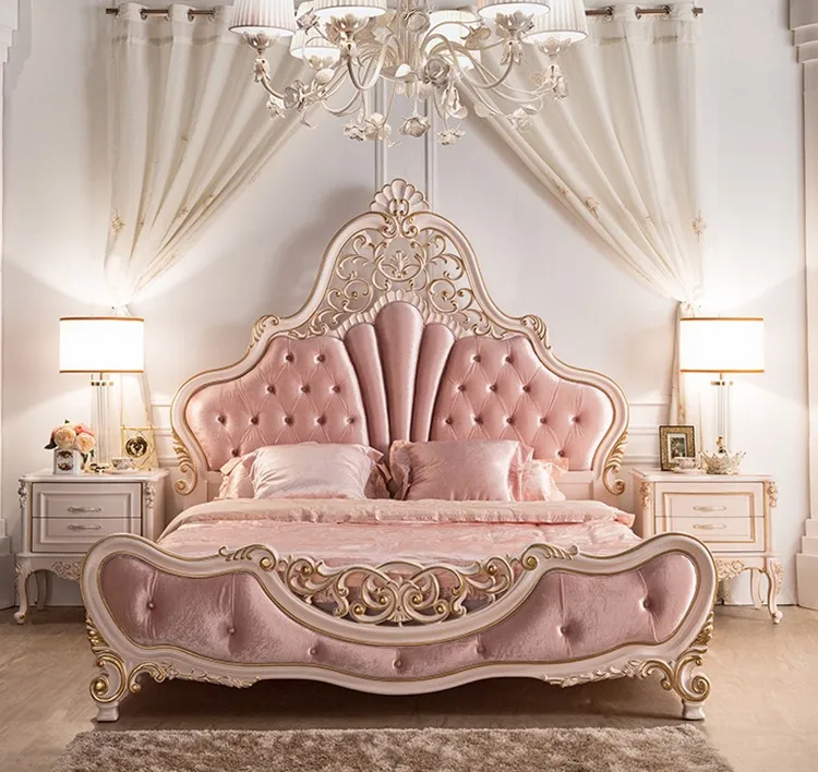 European Style Solid Wood Master Bedroom Wedding Bed Golden Carved Pink