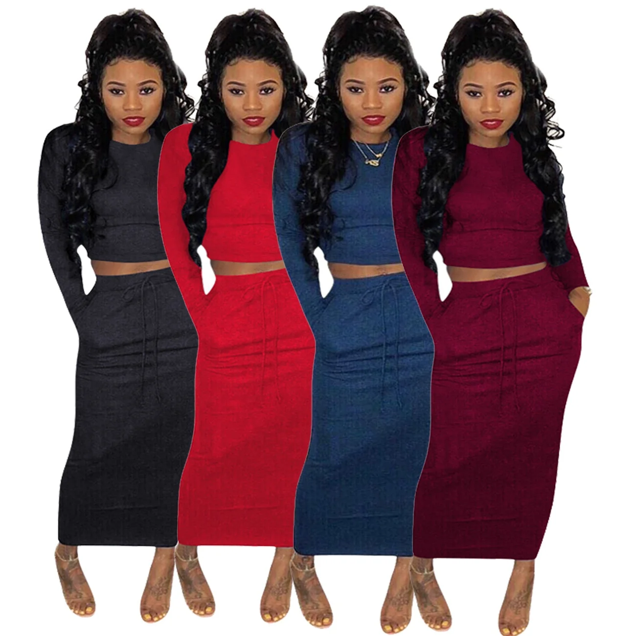 

B63640A Hot style fashion solid color cotton women plus size two-piece dress suit, Black/gray/khaki