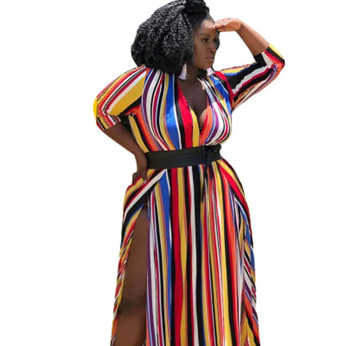 

20401-MX90 sehe fashion striped split long women plus size dress