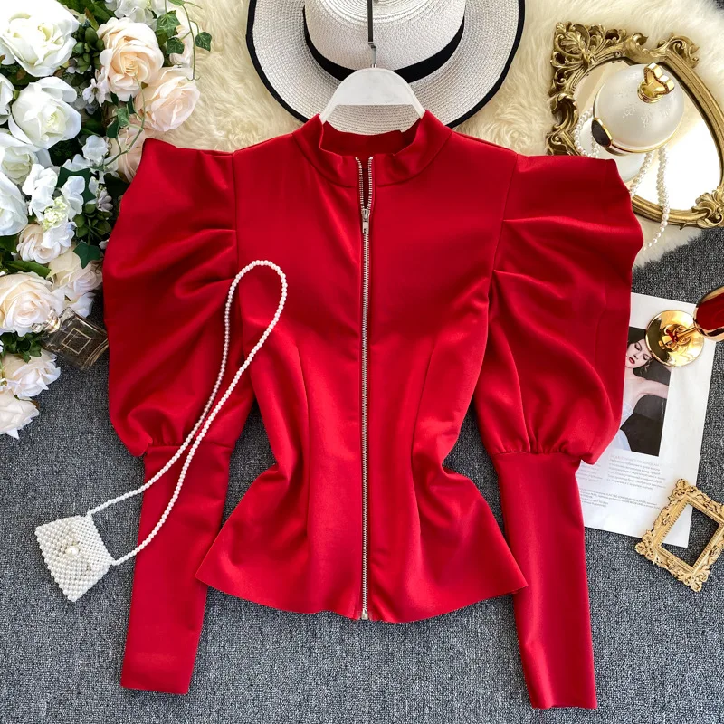 

Vintage Blouse Women Thick Shirt Tops Zipper Wear Lantern Sleeve Slim Stretchy Spring 2021