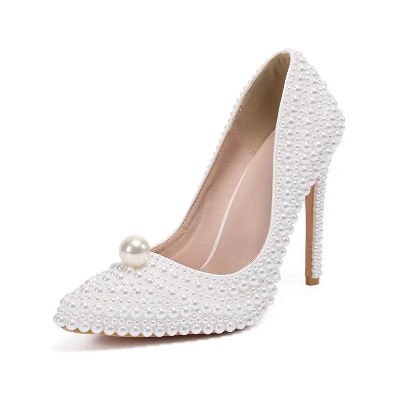

New pearl high-heeled shoes large size 40-43 handmade pearl wedding shoes women, Picture