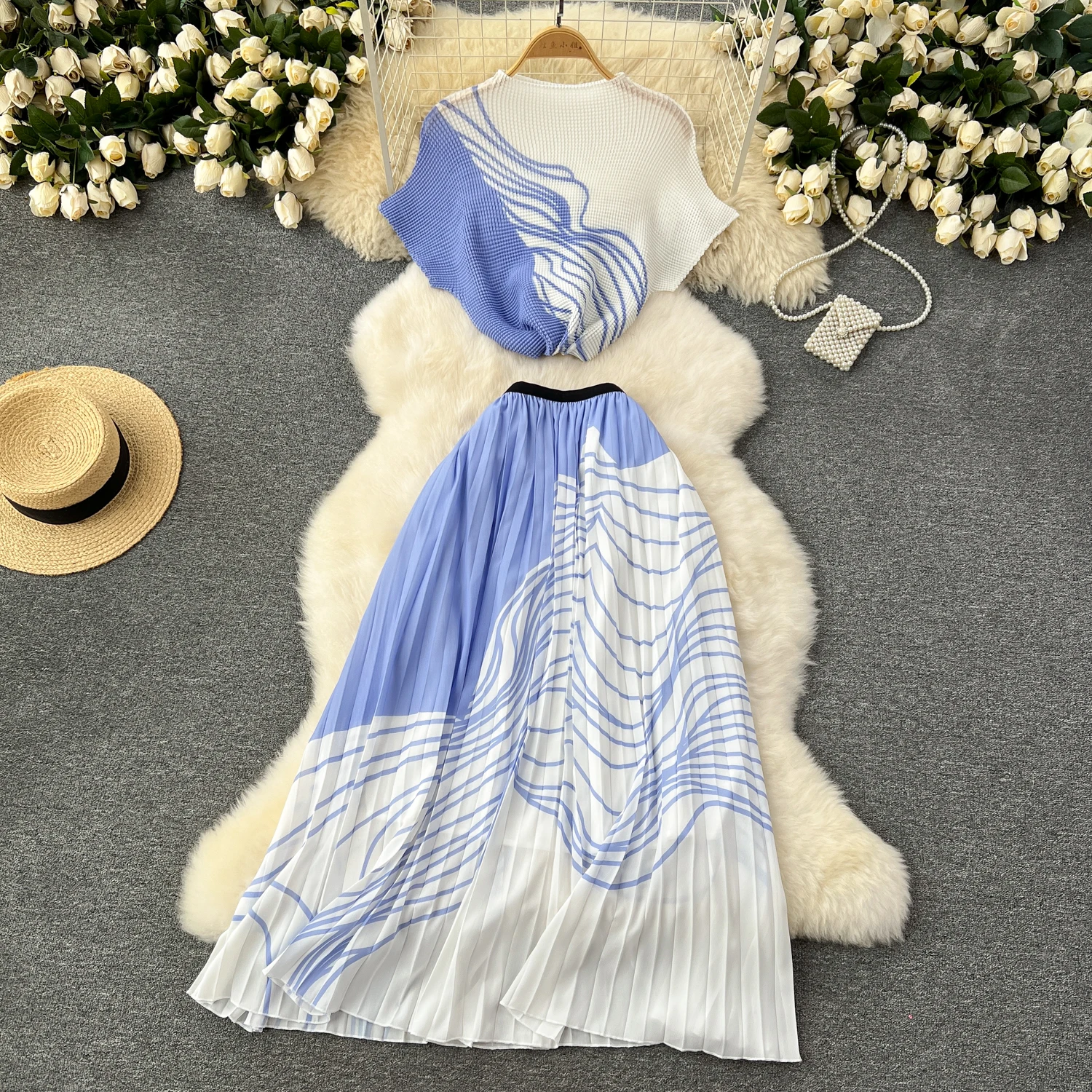 Vintage Floral Pleated Blouse & Maxi Skirt Set