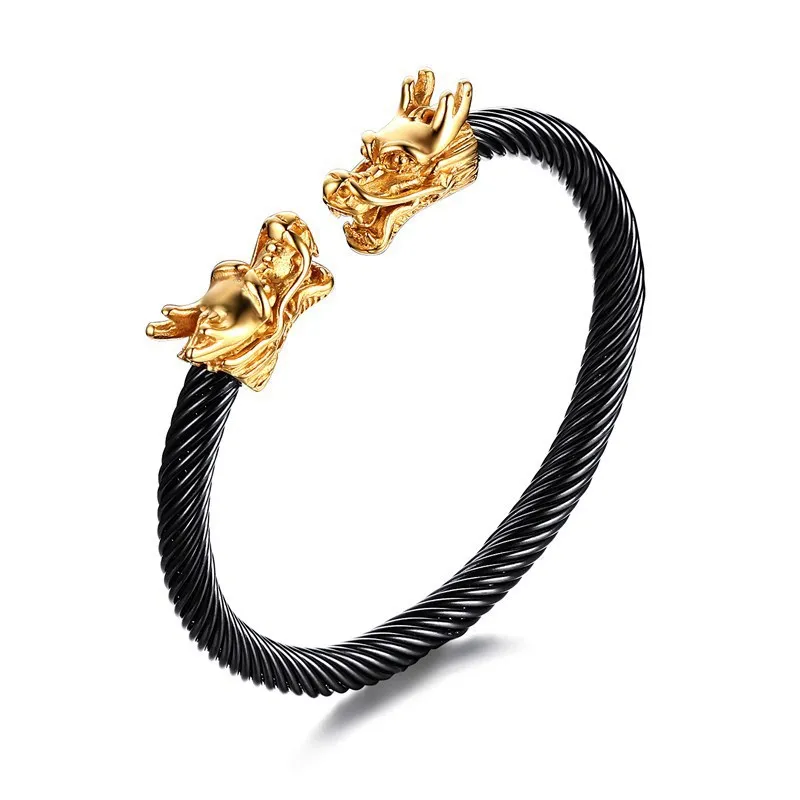 

Stainless Steel Mens Bangle Dragon Gold Cuff Cable Bracelet, Silver, gold, black