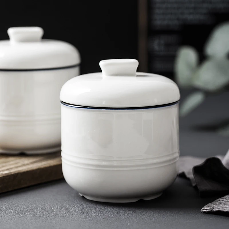 

Nordic Style High Quality White Ceramic Steamed Egg Bowl Bird's Nest Soup Bowl Jar With Lid Dessert Bowl for hotel Restaurant, Varied