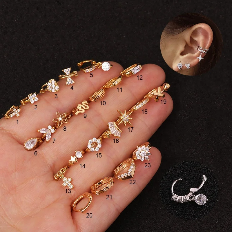 

CLARMER Mini small ear buckle snake-shaped prevent allergy colors gold plated piercings cartilage stud earrings, As show