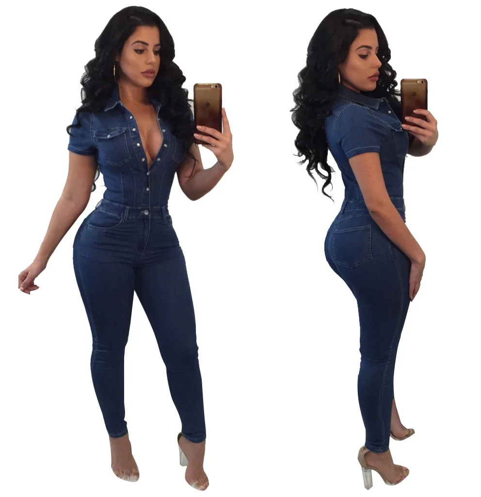 

Wholesale price button blue jean long pants short sleeve plus size pocket jean jumpsuit one piece jean jumpsuit