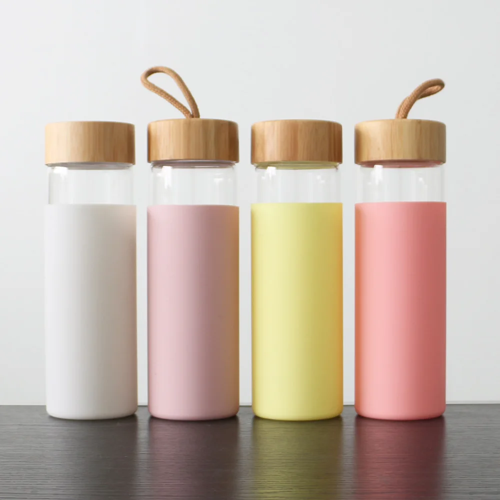

18oz portable wide mouth single wall borosilicate drinking glass water bottle with airtight bamboo lid, Customized color