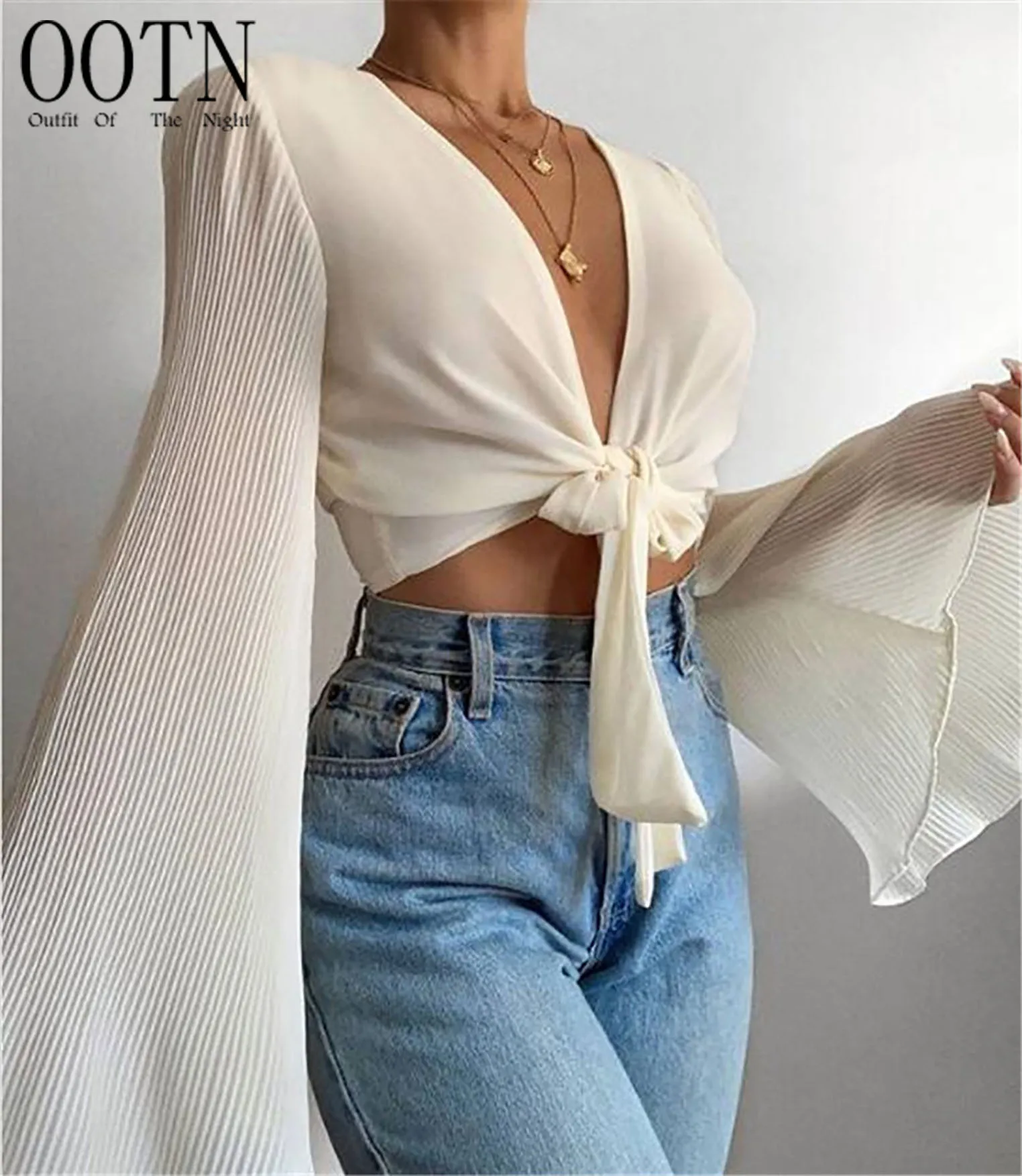 

OOTN Ruffles V Neck Tank Elegant Long Sleeve Party Club Shirts Female Streetwear Chiffon Women Top Strapless White Crop Top