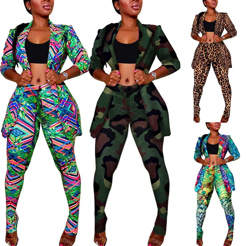 

Fashion Women Two Piece Set Colorful Print Camouflage Plus Size Slim Jacket Trousers Sexy 2pc Set Night Club Outfits, Pictures showed