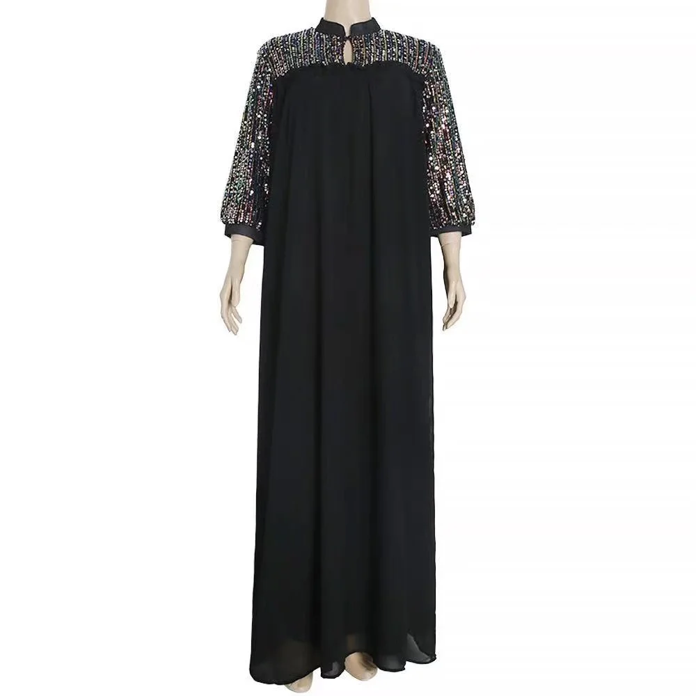 

Drop shipping Ethnic Clothes Long Sleeve Islamic free plus size chiffon Muslim sequins maxi casual Dress for women, Customers' requirements