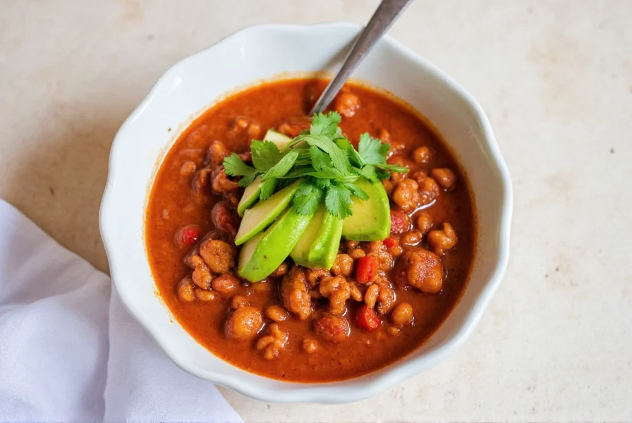 Finished bowl of Washington Post turkey chili topped with avocado and cilantro