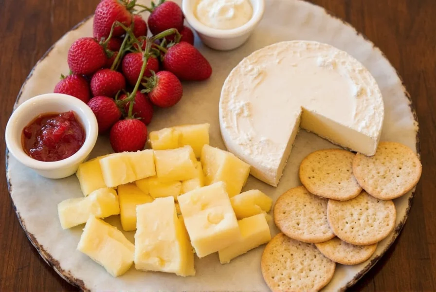 Artisan cheese board featuring brie, cheddar, and goat cheese paired with raspberry pepper jelly, crackers, and fresh fruit