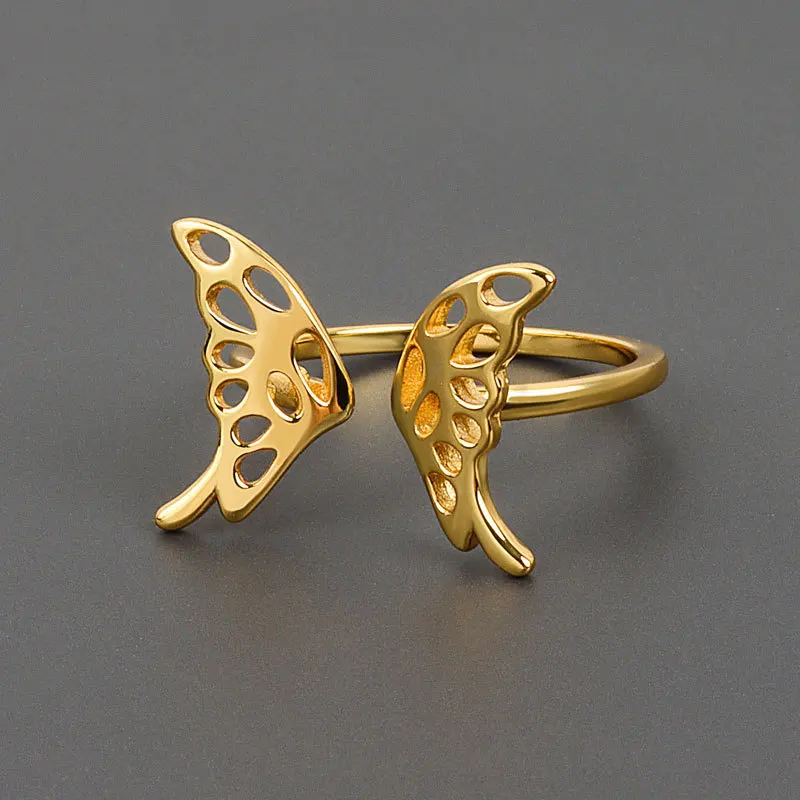 

Newest Arrival 18k Gold Plated Hollow Butterfly Open Rings S925 Stud Adjustable Butterfly Rings For Girl Jewelry