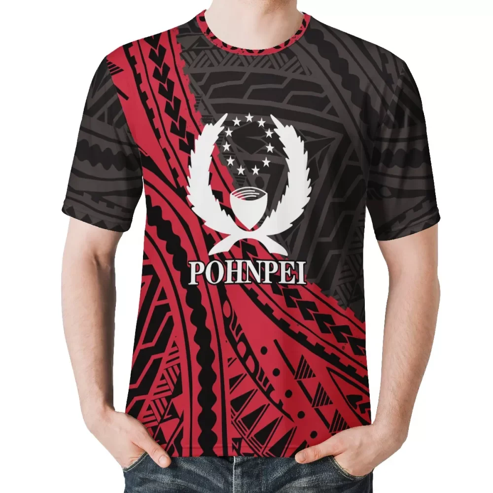 

Black and red tribal stripe men t shirt Polynesian style custom pohnpei design print shirt Big size men loose short sleeve tops, Customized colors