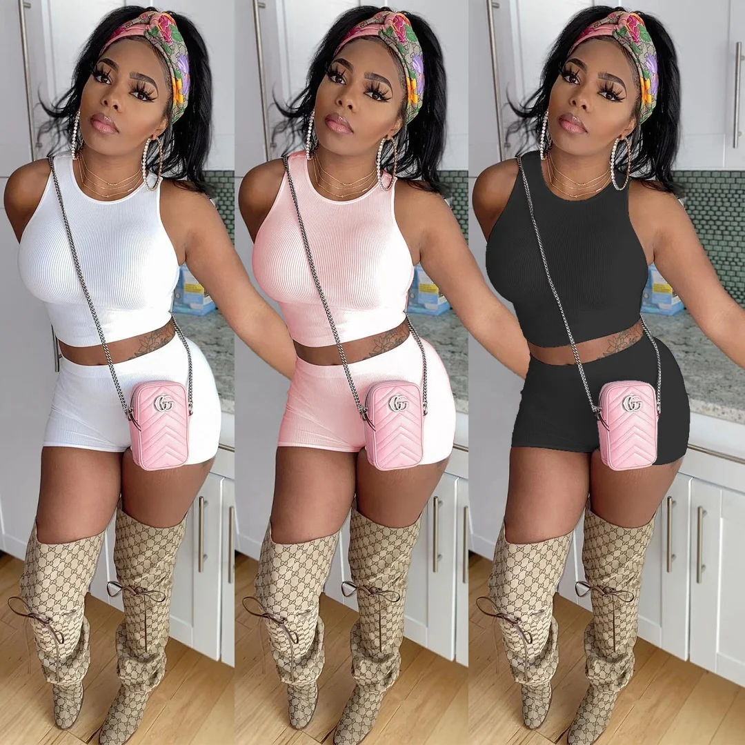 

New fashion custom logo casual outfits knit ribbed shorts and crop top 2 piece set women summer