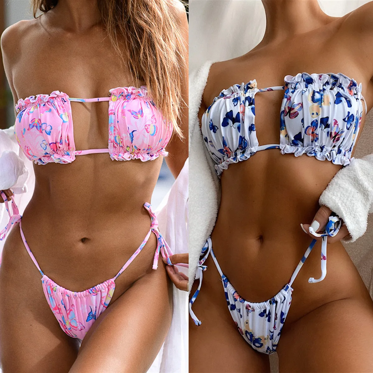 

Solid Color Two Piece Set Pink Bikini Set Twist Bra Swim Top Tie Side Beachwear, Customized color