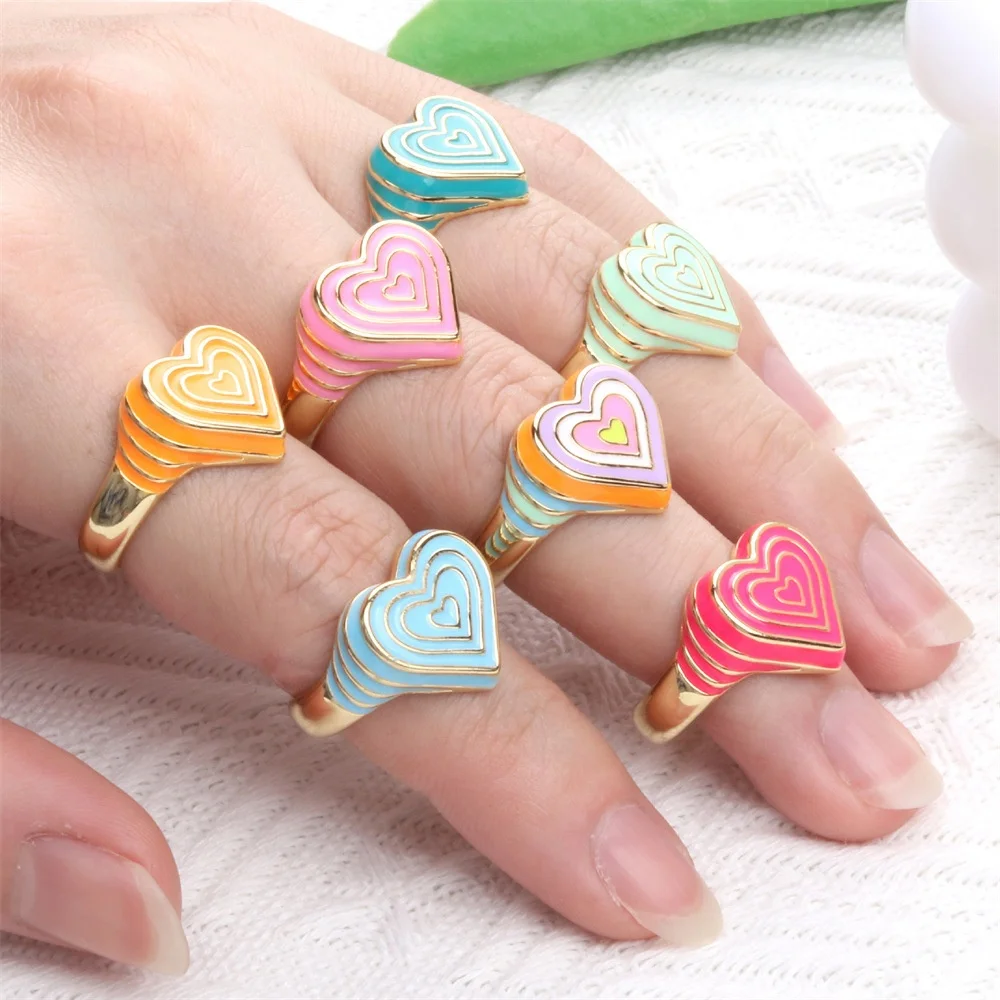

Hot Selling 18K Gold Plated Lovely Heart Colorful Enamel Chunky Full Finger Open Band Ring Adjustable Jewelry for Women