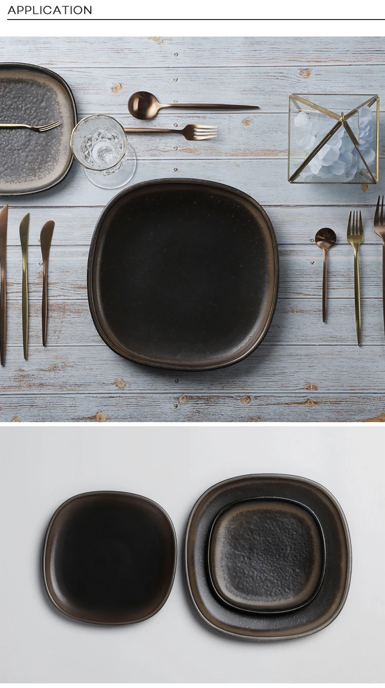 Square Ceramic Plates Dishes Restaurant, Fine Lounge Dinnerware Black Color Dishes, Wholesale Japanese Ceramic Plate/