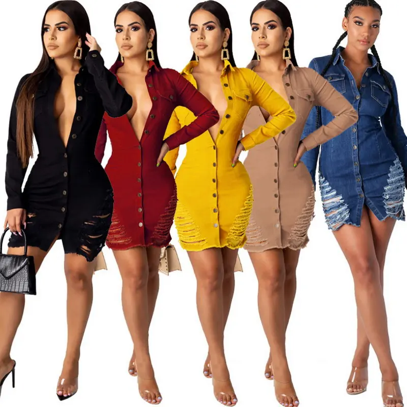 

2020 Unique Woman Tattered Hole Washed Denim Cotton Long Sleeve Pockets Tights Sexy Slim Short Dress, As picture