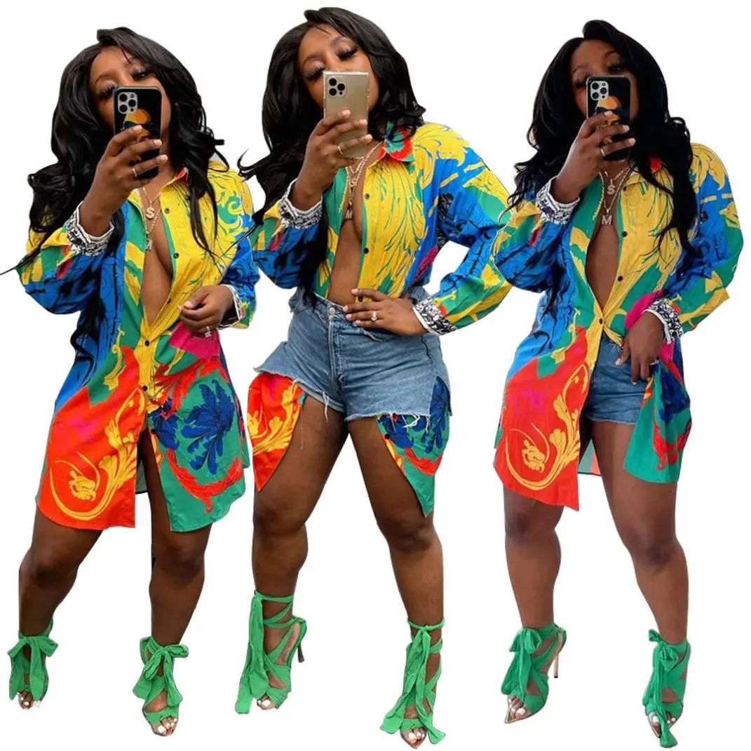 

2021 summer Ladies' Blouses cute print single breasted cardigan shirt streetwear long loose shirt and tops for women clothing