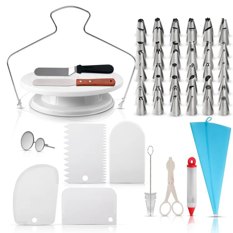 

Wholesale Cake Decorating Supplies Kits Tools with Pastry Bags 73 Pieces Plastic Rotating Cake Decorating turntable set, Customized
