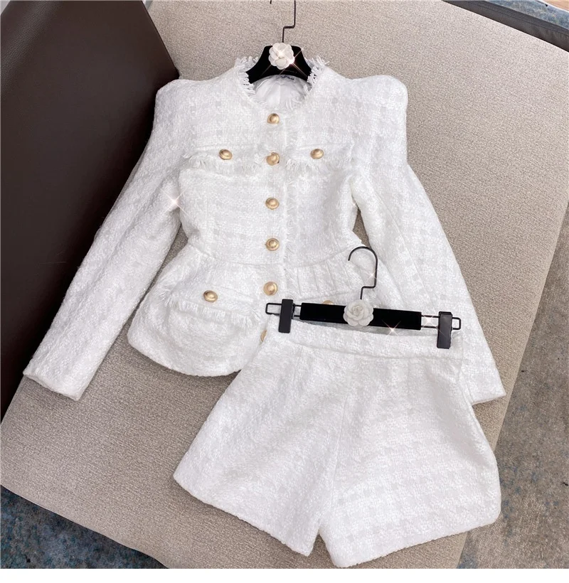 

New Fashion White Bright Silk Tweed Shorts Sets Shorts And Blazer Jacket Set Two Piece Suits, White/black