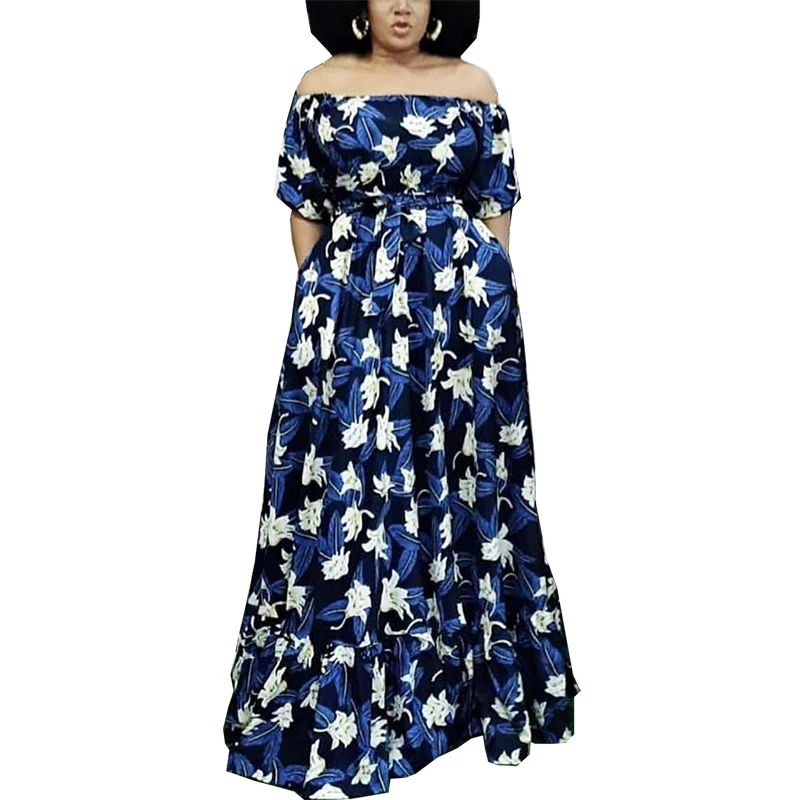 

New Summer Short Sleeve Slash Neck Floral Printing Maxi Dresses Women Long