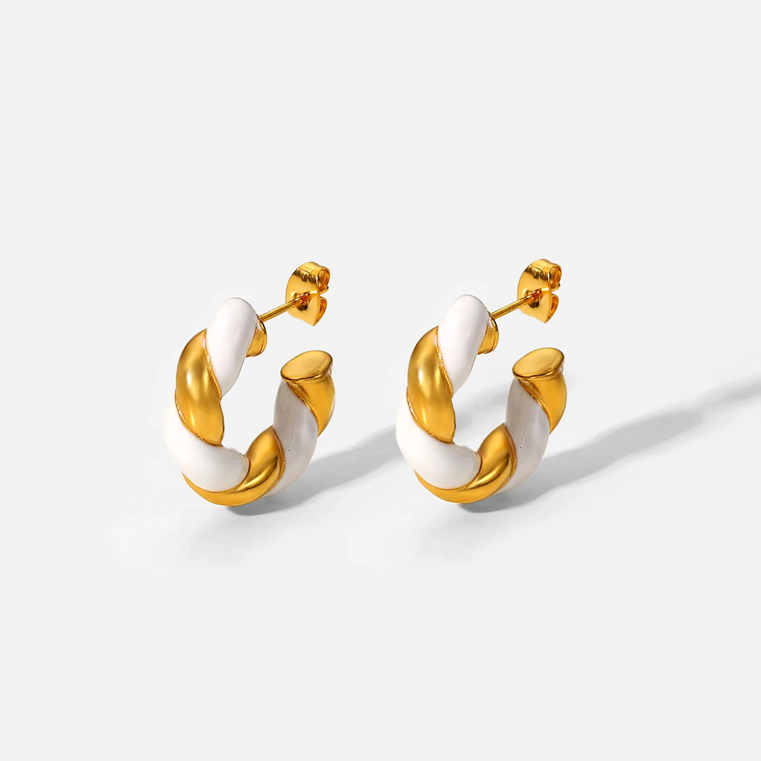 

Fashion INS Women's 18K Stainless Steel Gold White Drop Oil Twist Twisted C Type Earrings