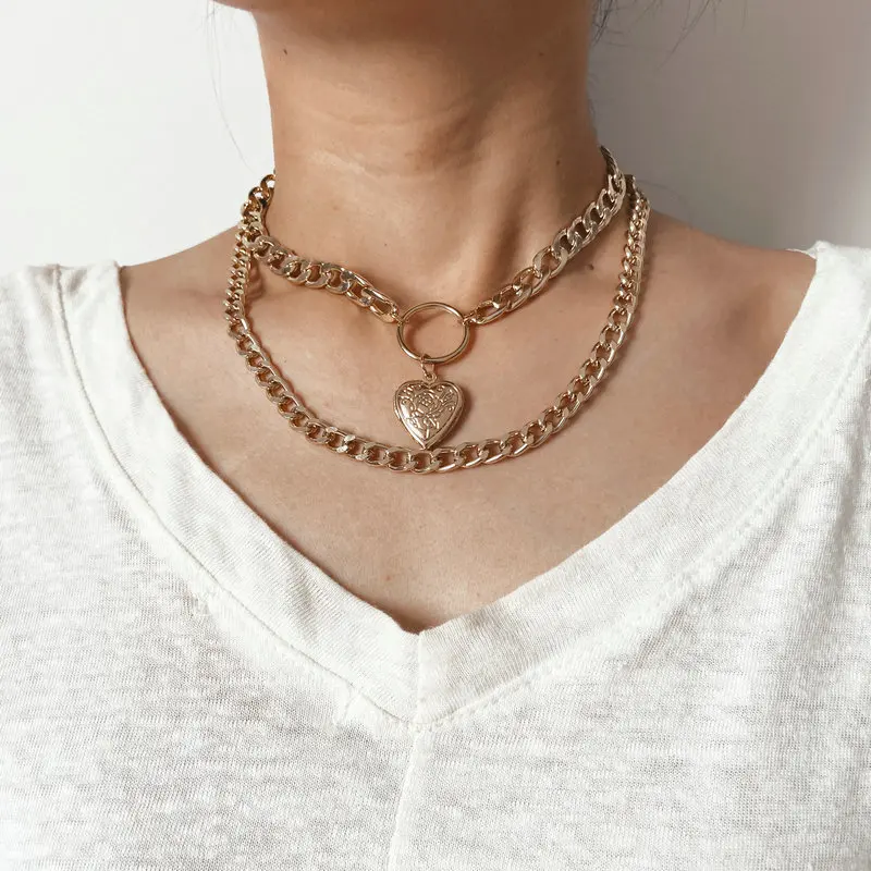

New Arrival 18k Gold Plated Double Layer Cuban Chain Open Heart Pendant Jewelry Necklace for Women