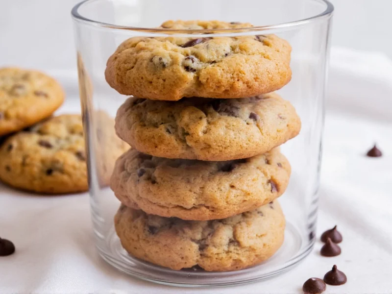 Stacked chocolate chip cookies in glass container