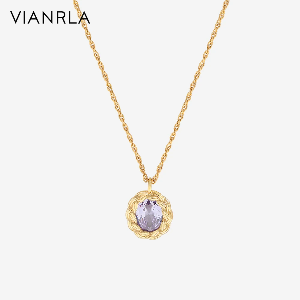 

VIANRLA 925 Sterling Silver Round Shape Purple Zircon Pendant Necklace Woven Pattern 18k Gold Plated Women Fashion Jewelry Gift