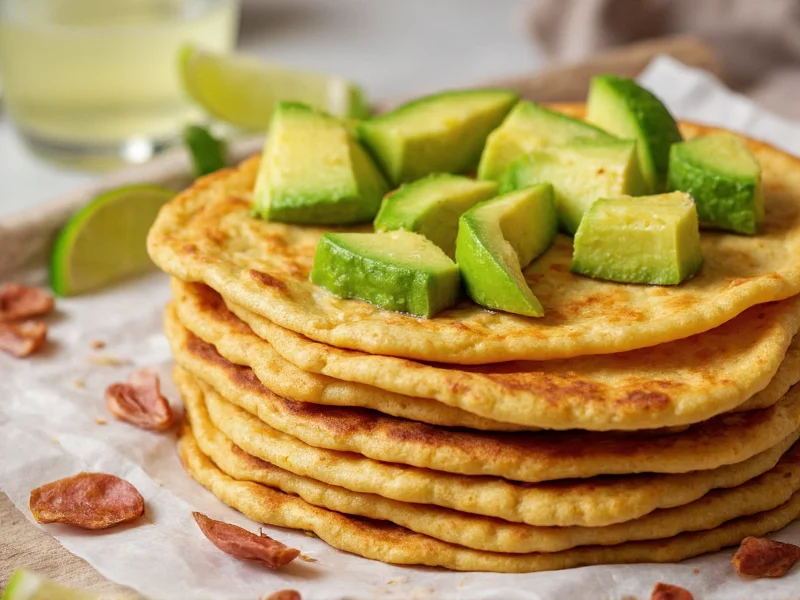 Stack of warm tortillas with avocado and lime