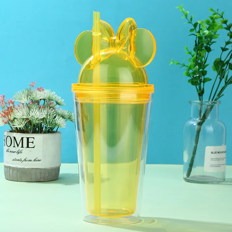 

Eco Friendly 450ml Minnie Mug Double-layer Plastic Clear Heat Insulation Water Cups With Lid And Straw, Customized color acceptable