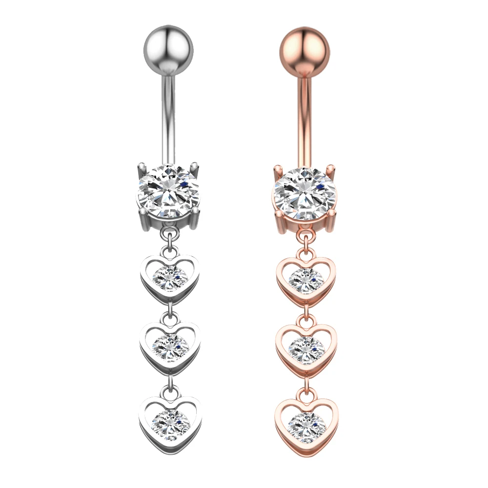 

Navel Bar 3 Hollow Peach Heart Belly Button Rings Clips Stainless Steel Belly Body Piercing Jewelry Women Sexy, Sliver and rose gold