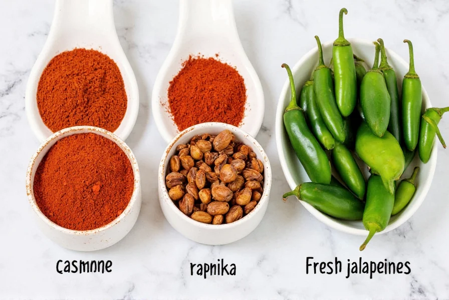 Comparison of red chili pepper flakes substitutes including cayenne, paprika, and fresh jalapeños arranged in small bowls