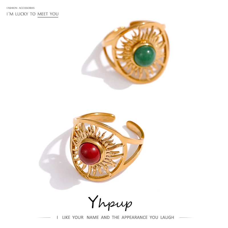 

JINYOU 508 Exquisite Gold Color Geometric Opening Finger Ring Stainless Steel Red Natural Stone Ring