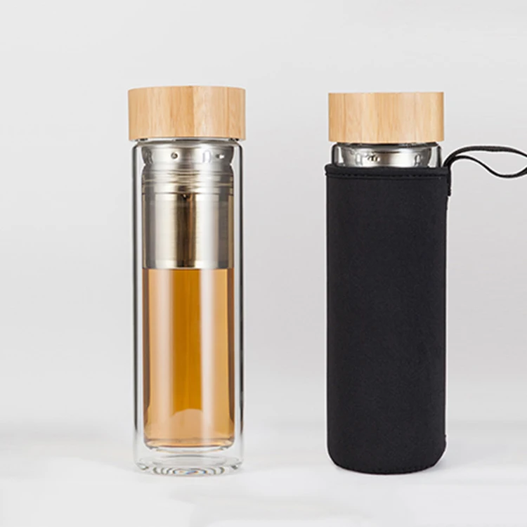 

double wall borosilicate glass water bottle tumbler with bamboo lid