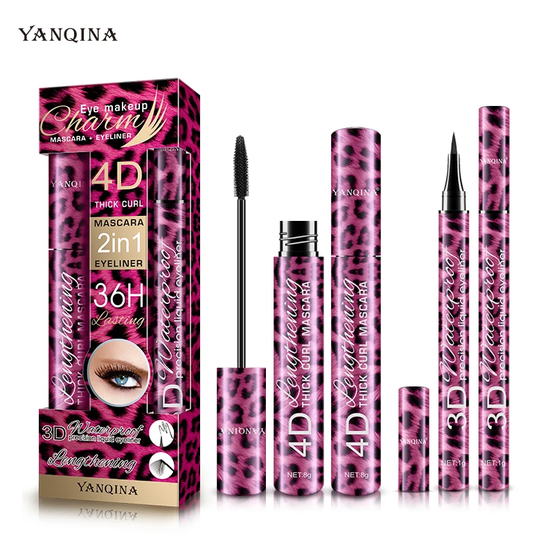 

YANQINA pink leopard grain 4D thick curl mascara 36h eyeliner 2in1 waterproof long lasting mascara+eyeliner eye makeup kit 8836
