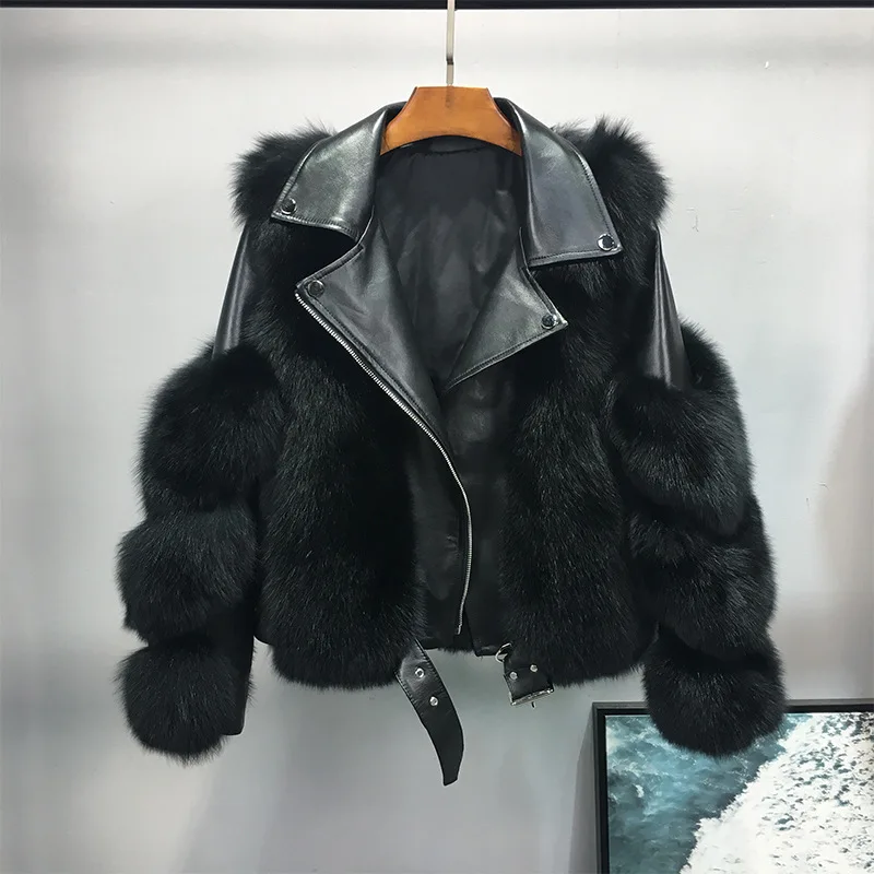 
2020 Winter Motorcycle Sheepskin Fur Jacket Model Designer Women Real Fox Fur Coat For Woman Trendy Genuine Leather Coats 