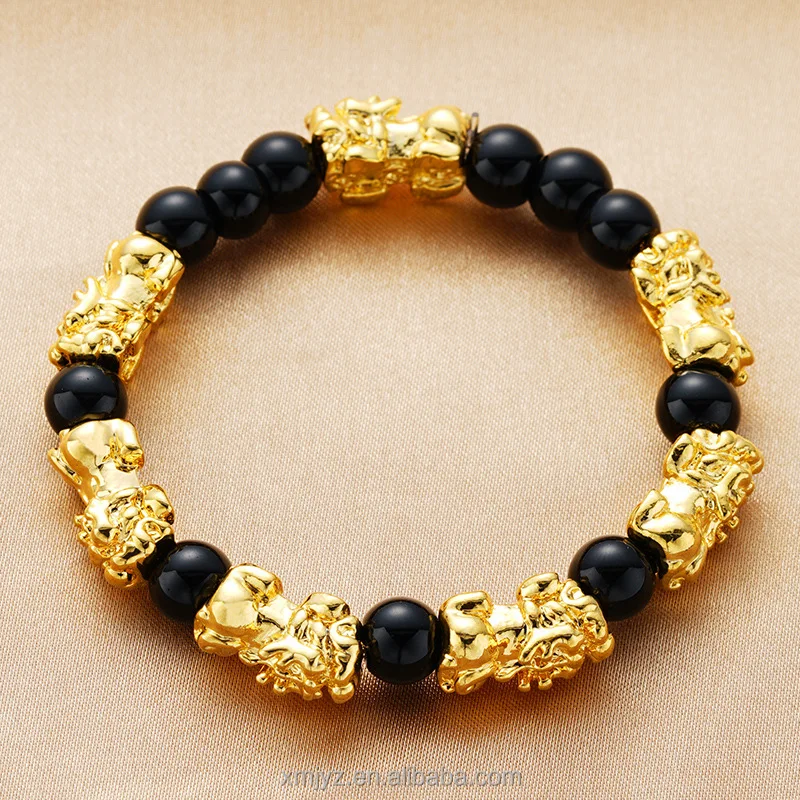 

Black Red Agate Couple Pixiu Bracelet Six Words Zhenyan Alluvial Gold Gold-Plated Beaded Men And Women