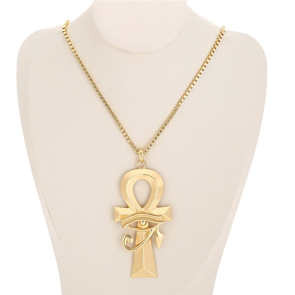 

Wholesale Gold Ancient EGYPTIAN Jewelry ANKH Eye of Horus CROSS PENDANT HIP HOP NECKLACE With Box Chain, As picture