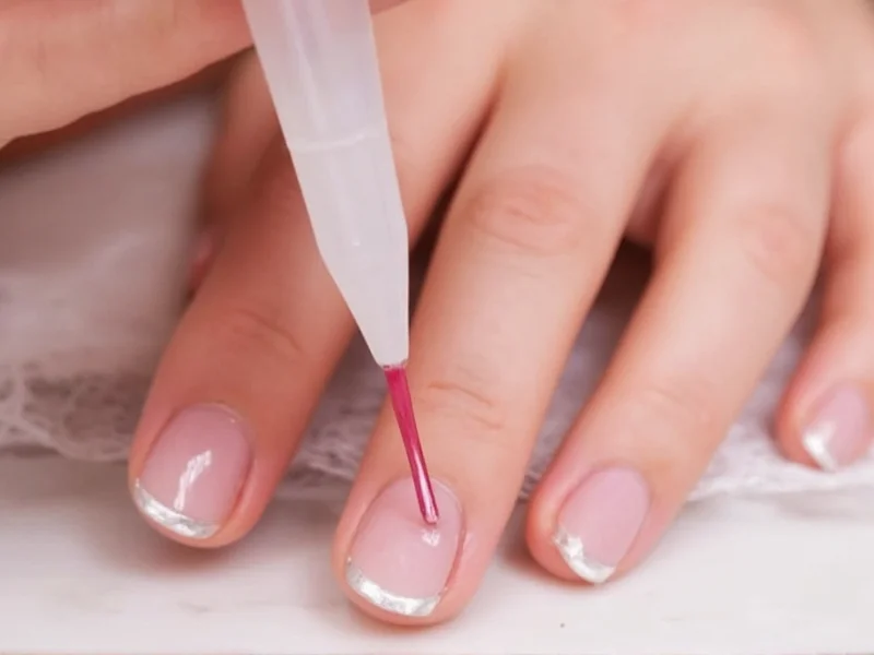 Close-up of nail top coat application technique