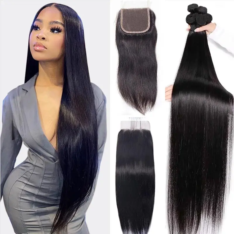 

Eli hair Grade 10A Brazilian hair bundles With Closure, Straight Cuticle Aligned Hair , Mink Virgin Brazilian Hair Bundle