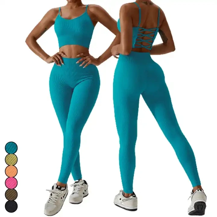 

RTSWomen Sports Clothing Set Gym Sportswear Female Ribbed Seamless Leggings Yoga Set Sport Suit For Fitness Clothes Workout Suit